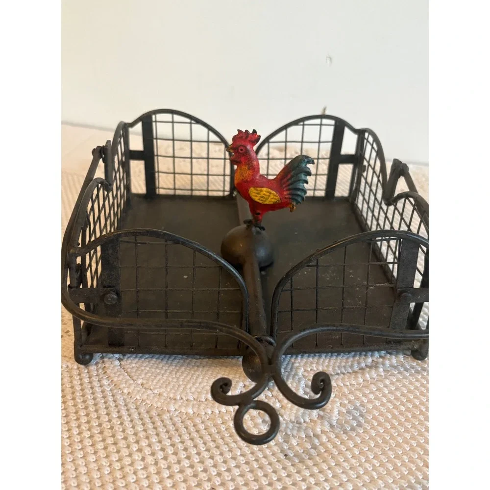 Vintage Black Metal Rooster Napkin Holder Farmhouse Wire Basket Weighted Arm